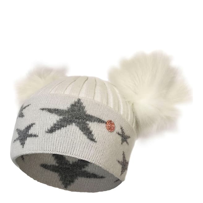 Look Like Cool Grey/White Little Stars Beanie with White Pom Poms
