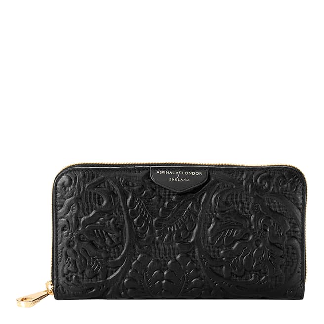 Aspinal of London Black Embossed Flower Continental Clutch Purse 