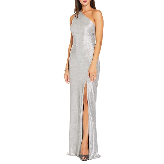 Adrianna Papell Silver One Shoulder Long Dress
