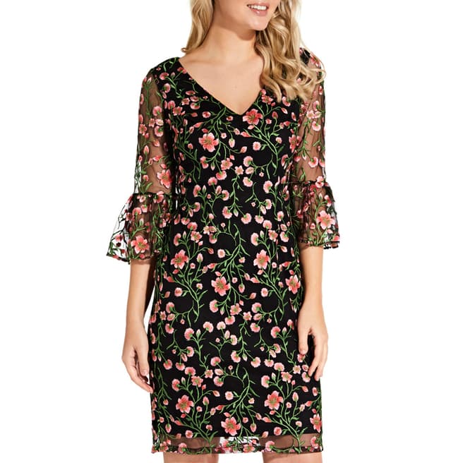 Adrianna Papell Black/Coral Floral Bell Sleeve Dress