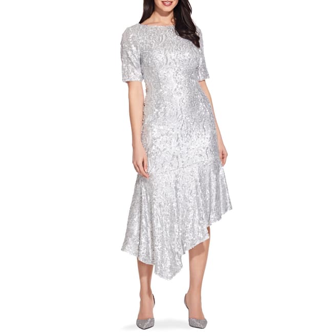 Adrianna Papell Silver Sequin Midi Dress