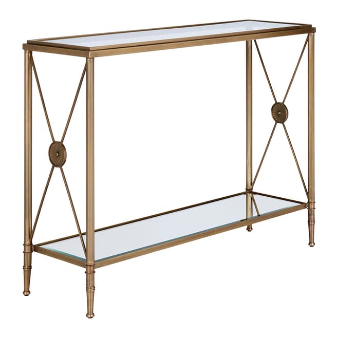 Serene Furnishings Goa Antique Brass Console Table Clear Glass Top