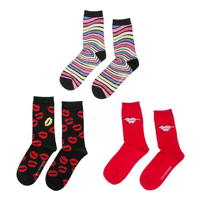 Lulu Guinness Red/Black Stripe/Print 3 Pack Socks