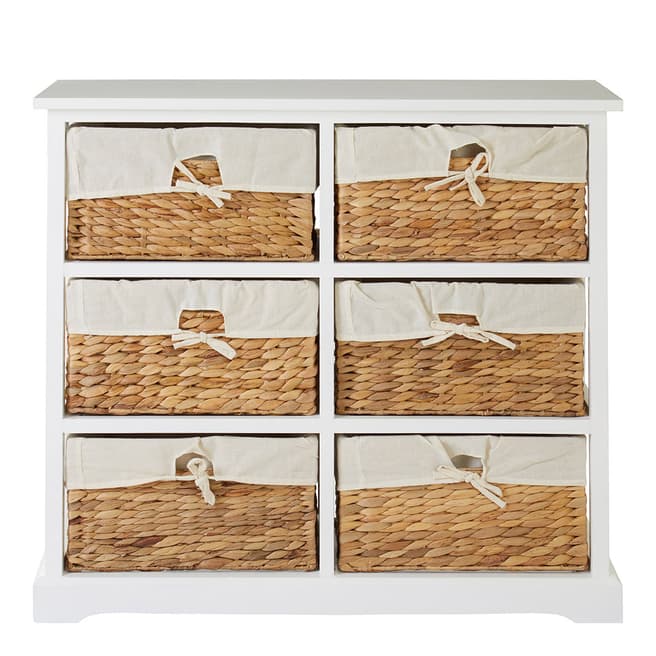 Premier Housewares Ashby 6 Drawer Chest, White Frame, Water Hyacinth Baskets