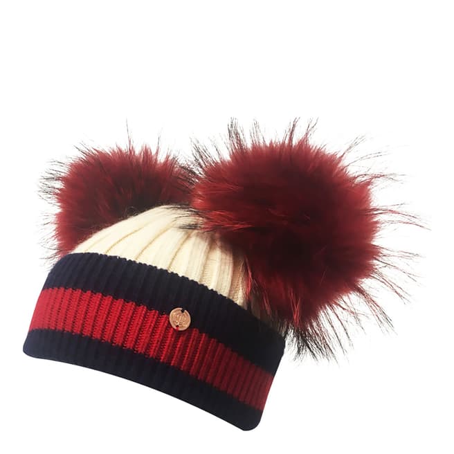 Look Like Cool Kids Cream/Navy Stripes Pom Poms Beanie Hat
