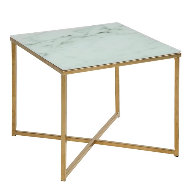 Scandi Luxe Alisma Square Lamp Table, Frosted White Marble, Golden Chrome