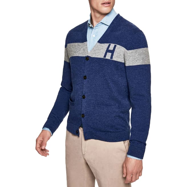 Hackett London Blue Mono Stripe Wool Blend Cardigan