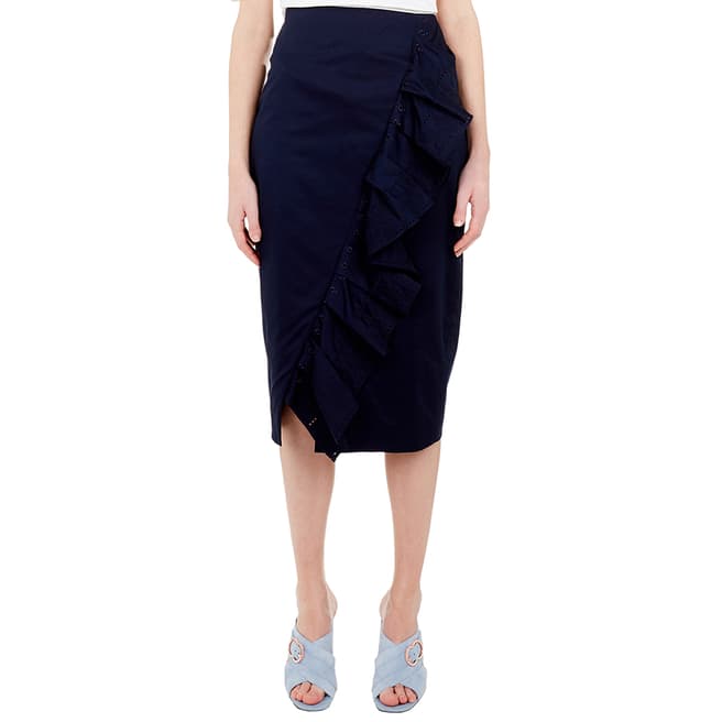 Ted Baker Navy Malori Ruffle Cotton Blend Pencil Skirt