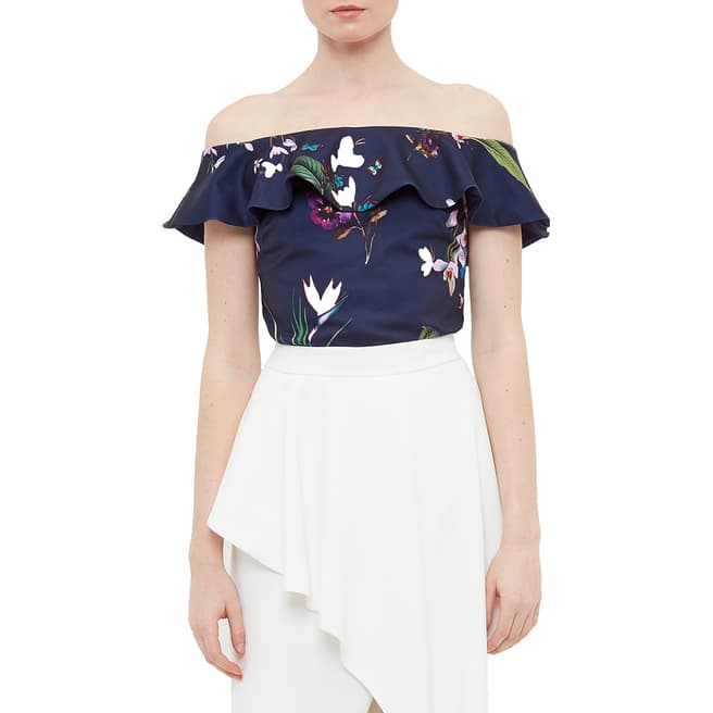Ted Baker Navy Imygen Tropical Oasis Frill Top