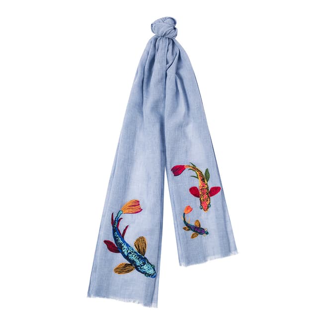 PAUL SMITH Light Blue Koi Embroidered Scarf