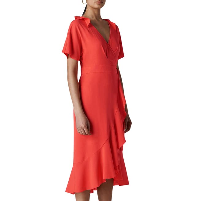 WHISTLES Coral Abigail Frill Wrap Dress