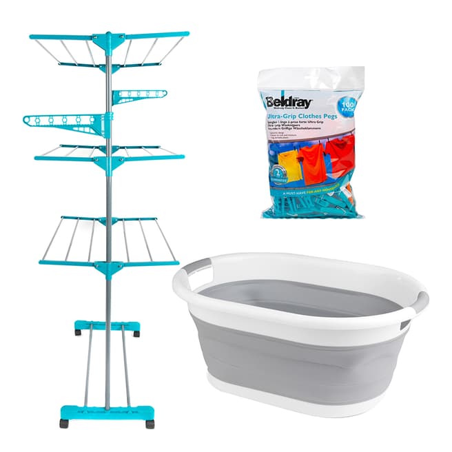 Beldray 3 Tier Super Deluxe Clothes Airer, 100 Pegs & Collapsible Laundry Basket