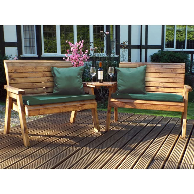 Charles Taylor Twin Bench Set Angled with Green Cushions