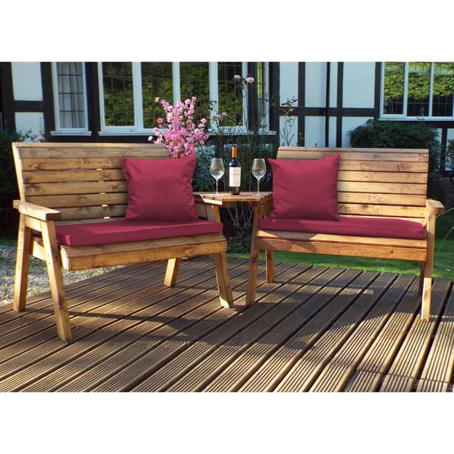 Charles Taylor Twin Bench Set Angled with Burgundy Cushions