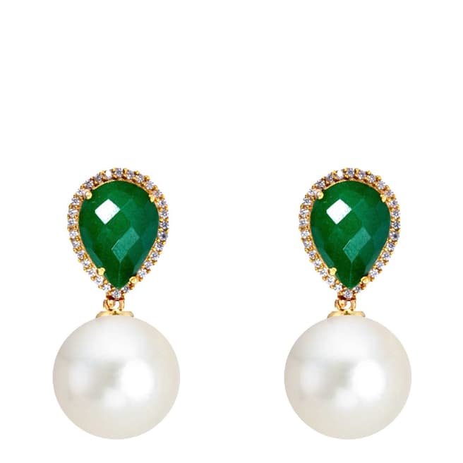 Liv Oliver 18K Gold Plated Emerald Pearl Drop Earrings