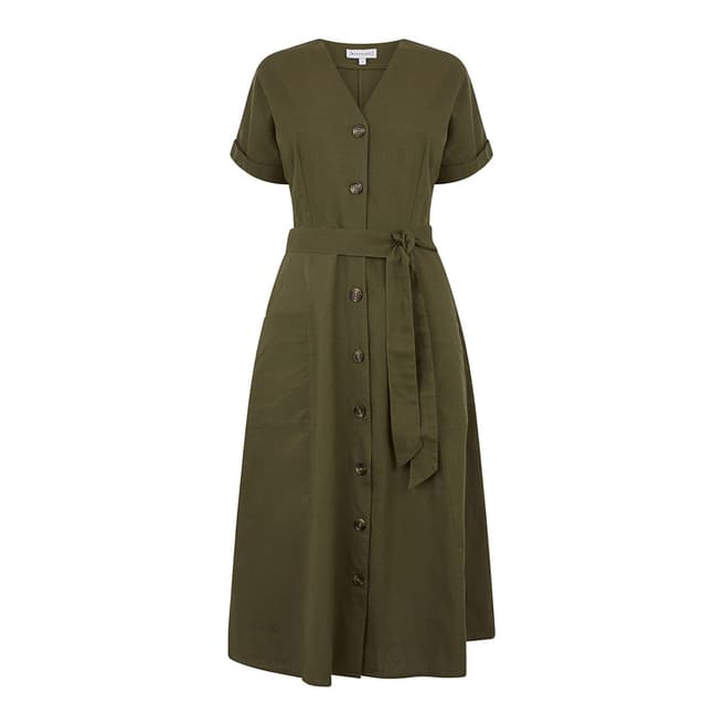 Warehouse Khaki Ss Linen Button Through Dress