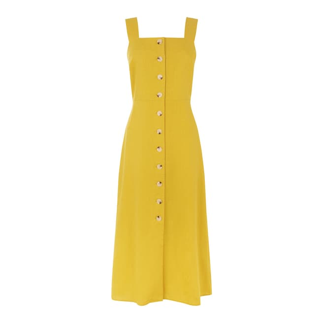 Warehouse Yellow Linen Button Front Midi Dress