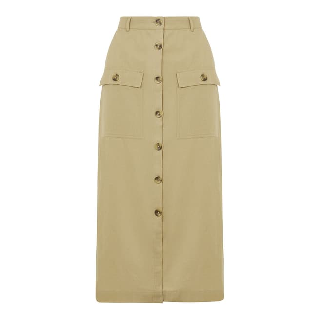Warehouse Stone Linen Button Front Midi Skirt