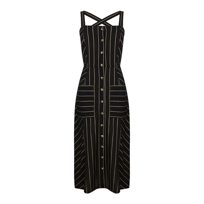 Warehouse Black Stripe Linen Stripe Button Midi Dress