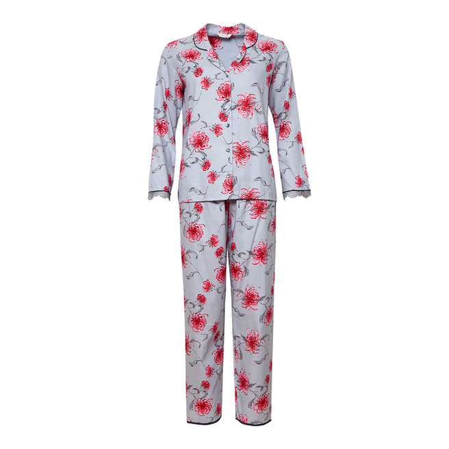 Cyberjammies Muted Grey/Red Nancy Woven Long Sleeve Floral Print Pyjama Set