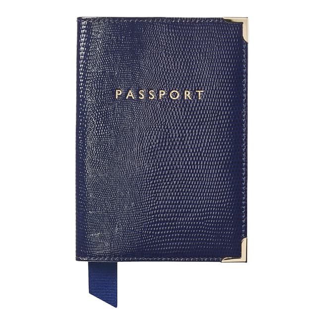 Aspinal of London Midnight Blue Silk Lizard Plain Passport Cover