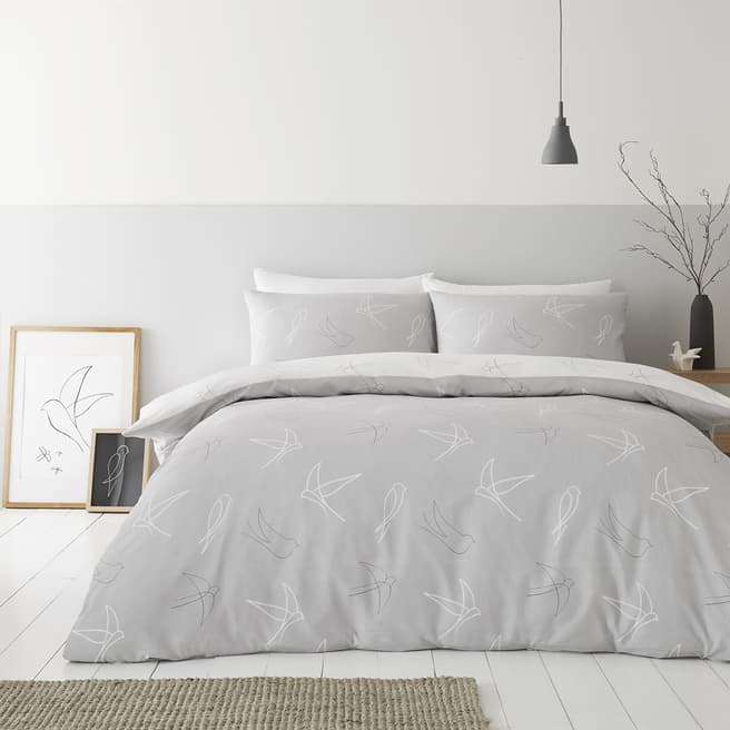Catherine Lansfield Linear Swallows Double Duvet Cover Set, Grey