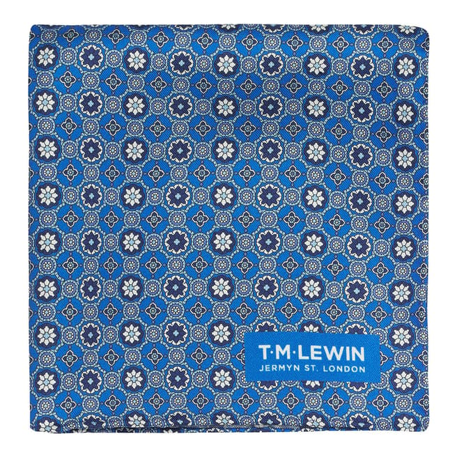 T M Lewin Blue Geometric Tile Silk Pocket Square