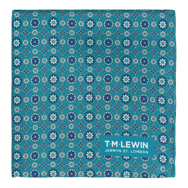 T M Lewin Teal Geometric Tile Silk Pocket Square