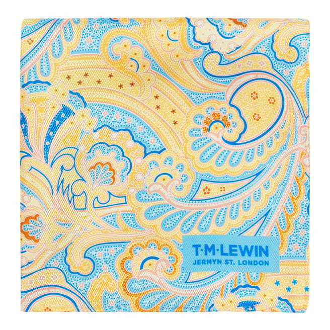T M Lewin Yellow and Blue Paisley Silk Pocket Square