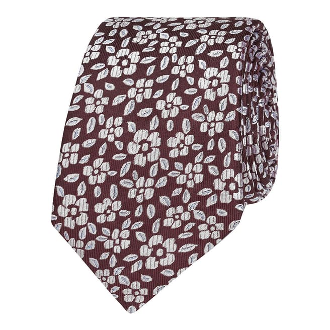 T M Lewin Burgundy Floral Jacquard Silk Slim Tie