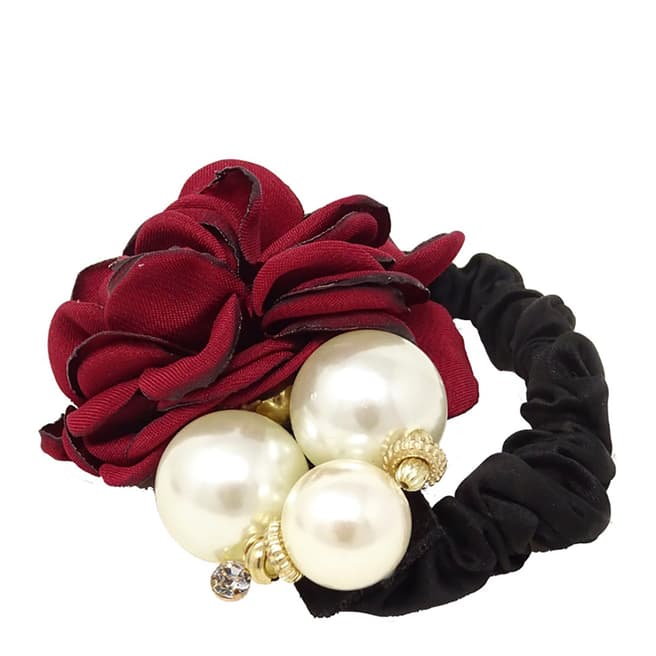 Black Label by Liv Oliver Red Rose Flower & Pearl Hair Tie