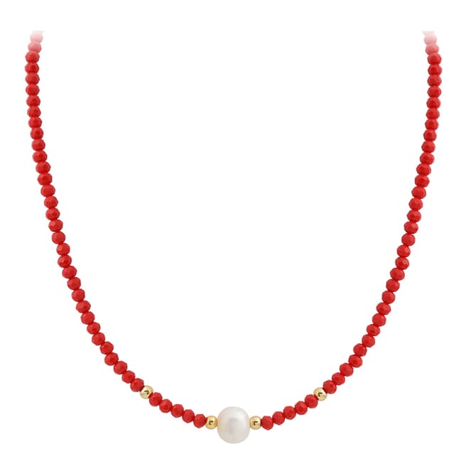 Liv Oliver 18K Gold Plated Red Faceted Bead & Pearl Necklace