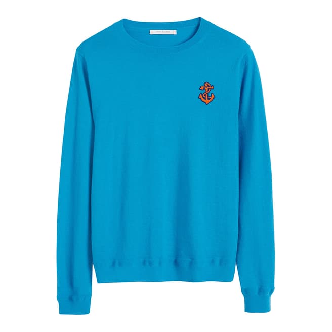 Chinti and Parker Turquoise Cashmere Anchor Badge Sweater
