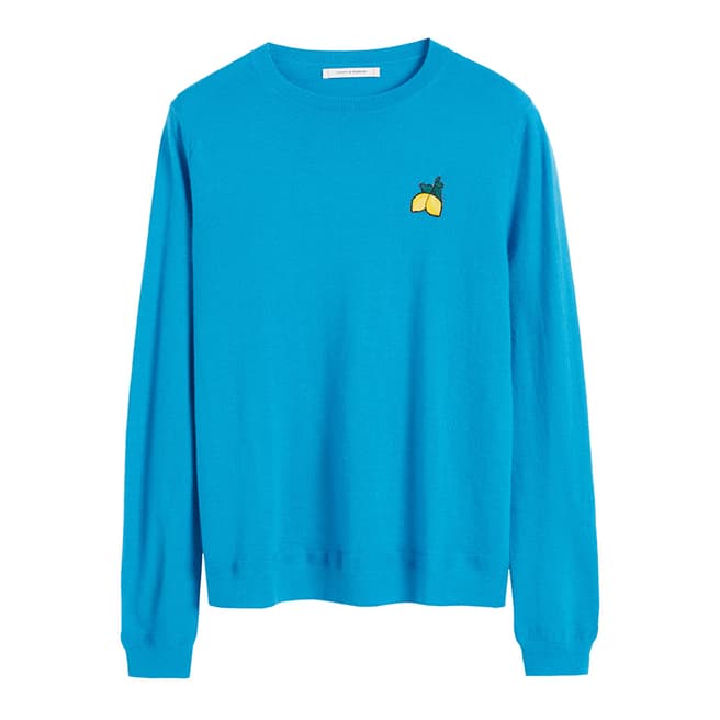 Chinti and Parker Turquoise Cashmere Lemon Badge Sweater