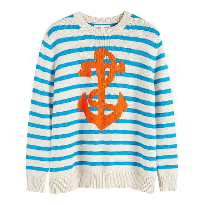 Chinti and Parker Cream/Turquoise Cotton Anchor Sweater