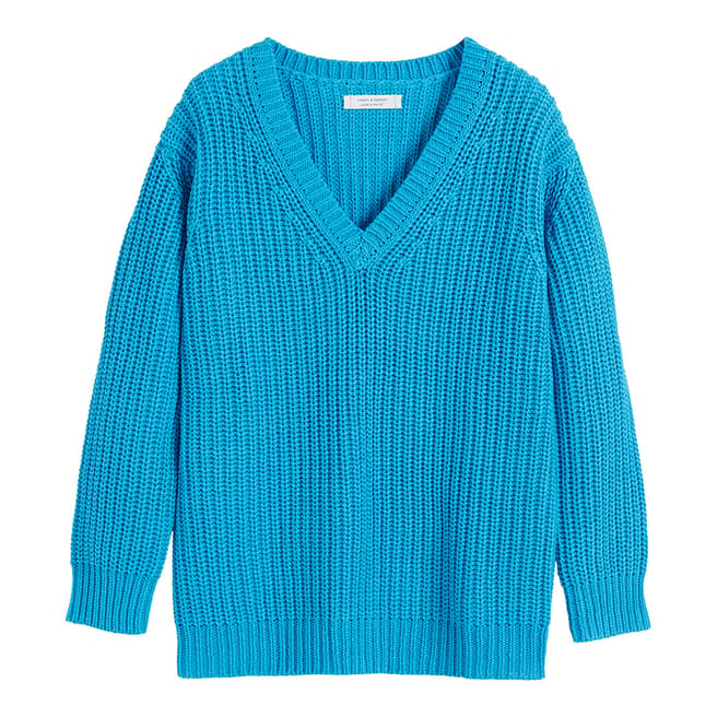 Chinti and Parker Turquoise Cotton V Neck Sweater
