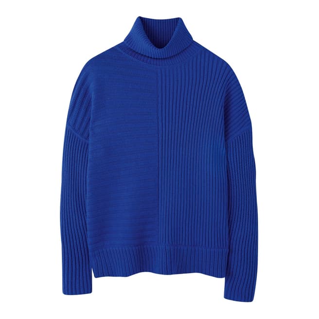 Pure Collection Blue Ribbed Polo Neck Cotton/Wool Jumper