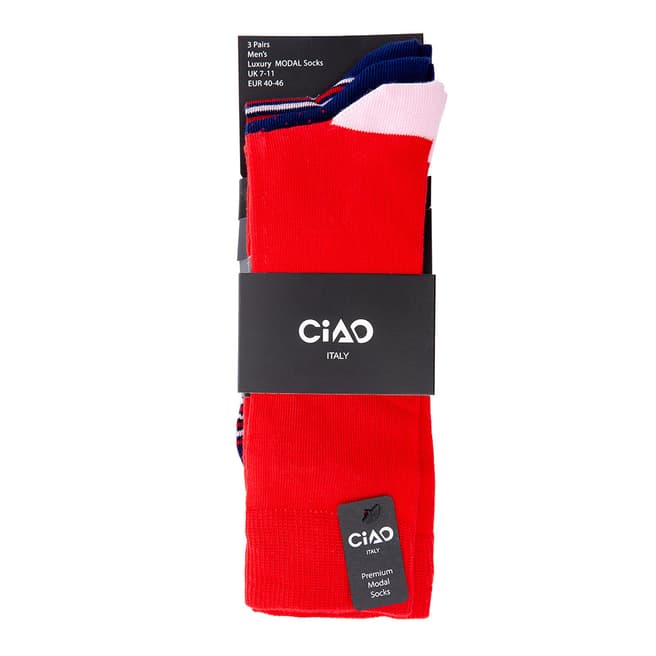 Ciao Blue/ Red/ White/ Pink 3 Pack Socks