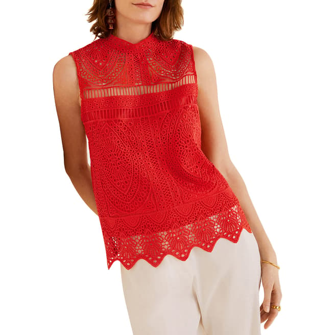Mango Coral Red Embroidered Top