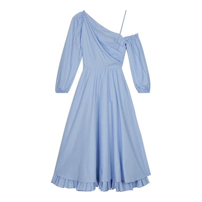 ALEXA CHUNG Blue Pinstripe One Shoulder Cotton Dress