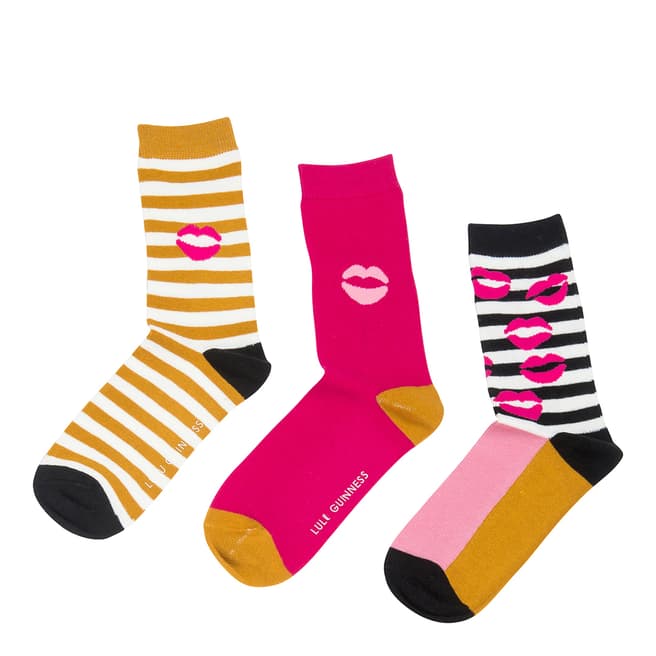 Lulu Guinness Yellow/Pink Stripe/Lip Print 3 Pack Socks