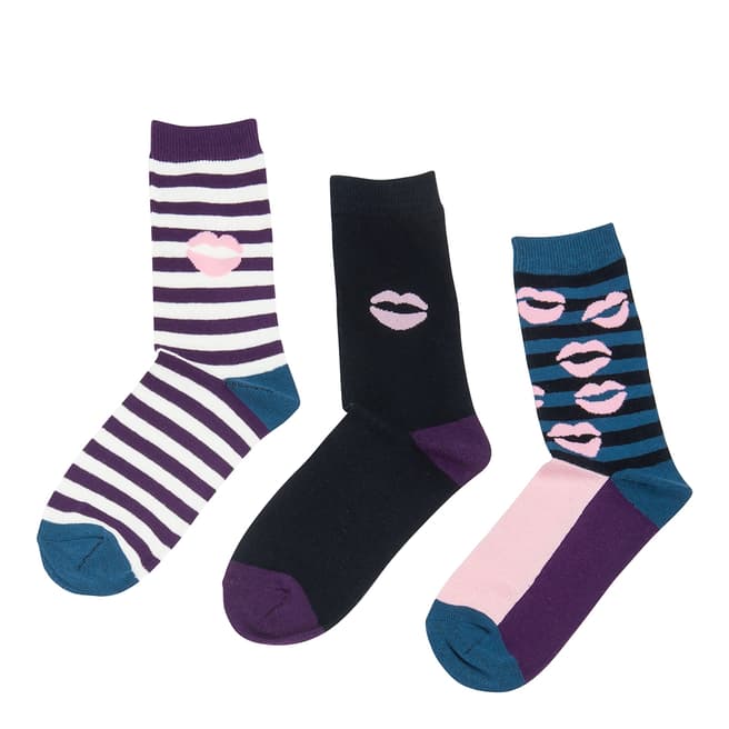 Lulu Guinness Purple/Black Stripe/Lip Print 3 Pack Socks