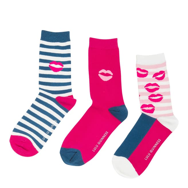 Lulu Guinness Blue/Pink Stripe/Lip Print 3 Pack Socks