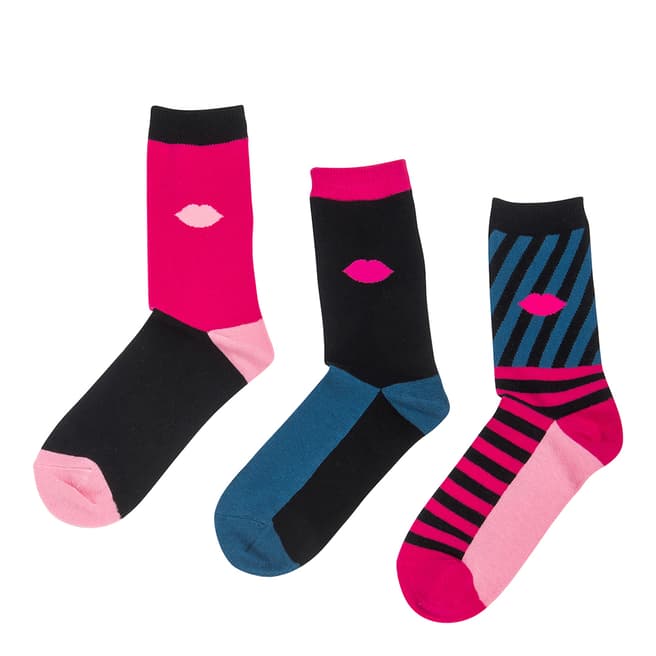 Lulu Guinness Pink/Black Horizontal Stripe 3 Pack Socks