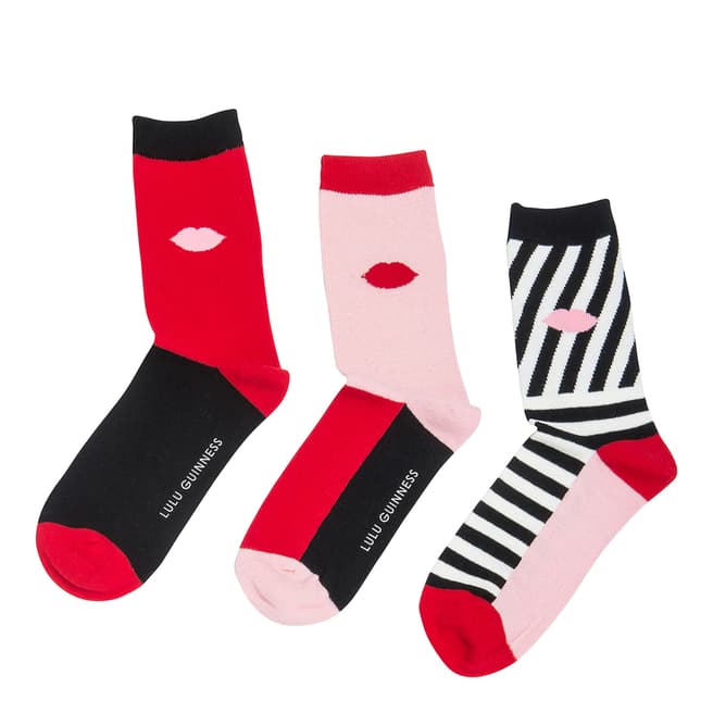 Lulu Guinness Black/Red Horizontal Stripe 3 Pack Socks