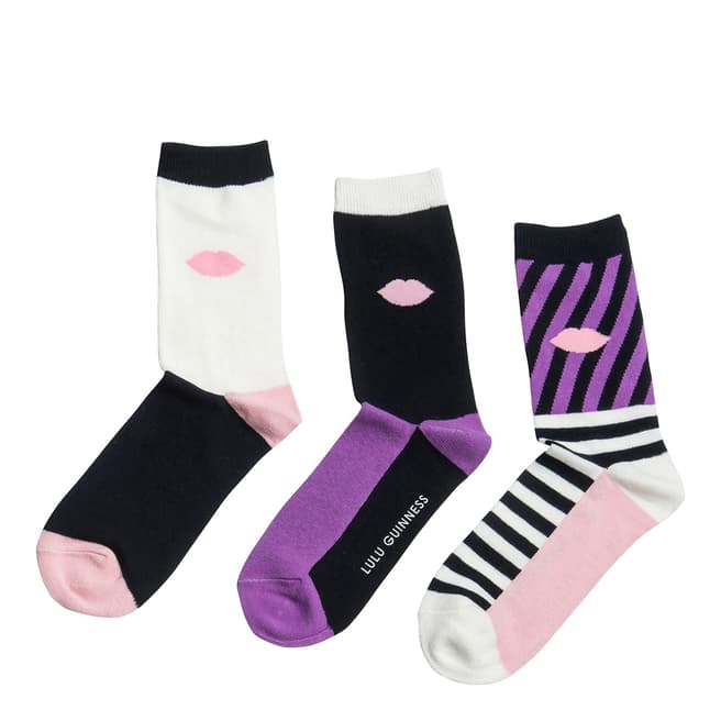 Lulu Guinness Black/White Horizontal Stripe 3 Pack Socks