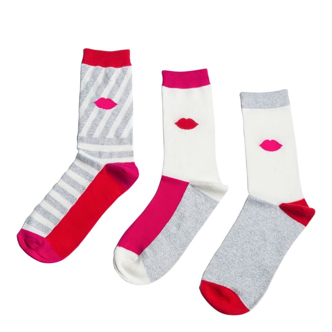 Lulu Guinness Red/Grey Horizontal Stripe 3 Pack Socks
