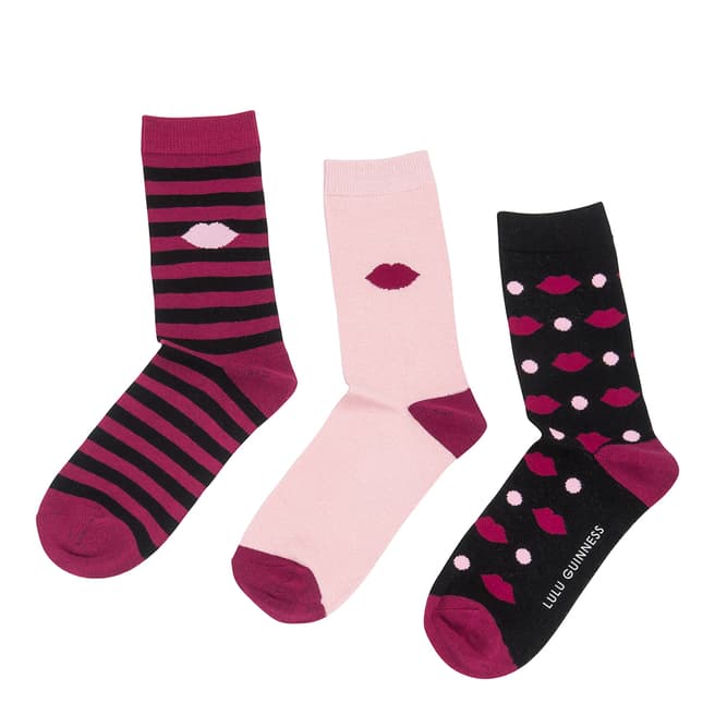 Lulu Guinness Red/Pink Jacquard 3 Pack Socks