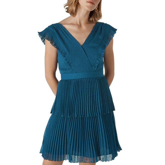 WHISTLES Blue Penelope Tiered Dobby Dress
