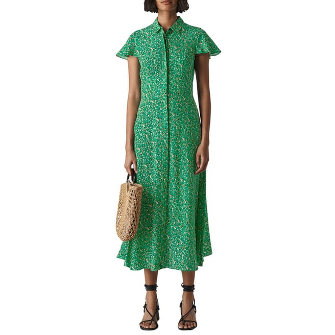 WHISTLES Green Ditsy Blossom Midi Shirt Dress